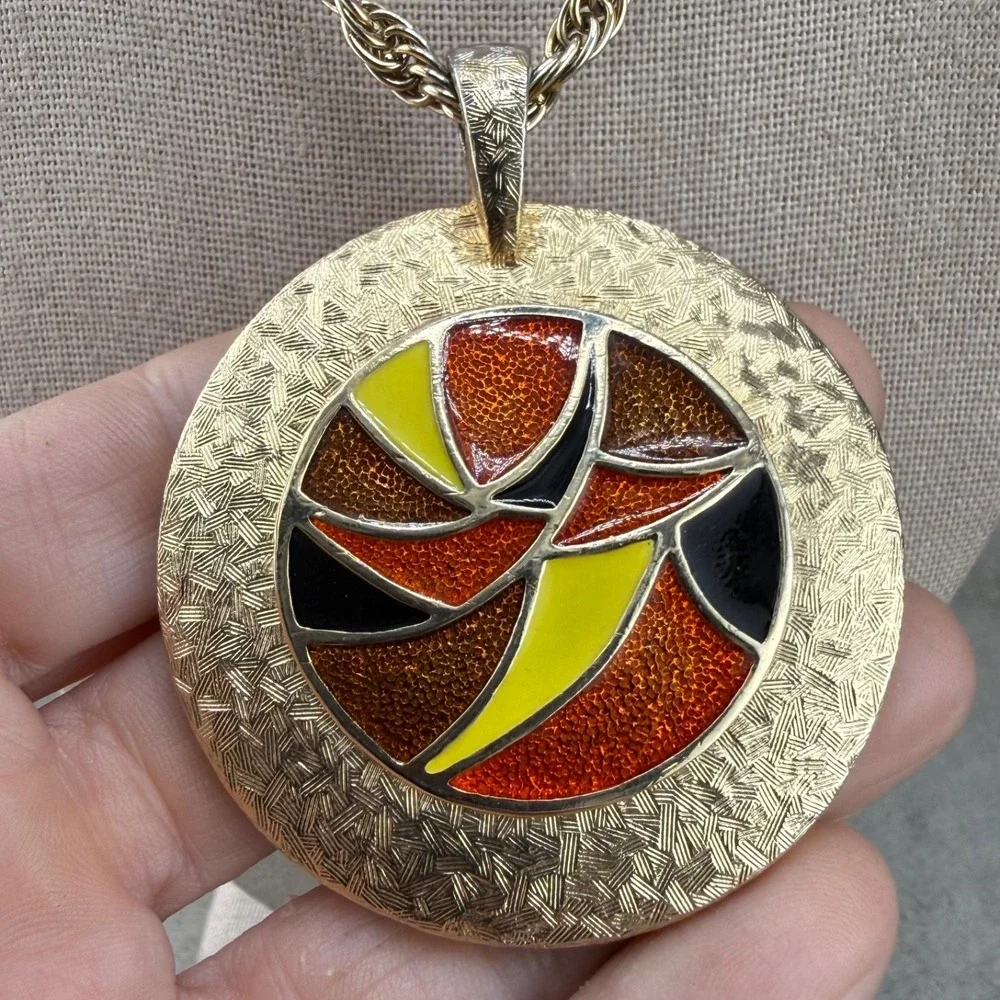 Vintage Estate Mirror Necklace Gold Tone Enamel Reversible 32